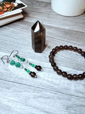 Smoky Quartz Crystal Tower, Beaded Eqrrings, & Bracelet Gift Set, 3 Piece